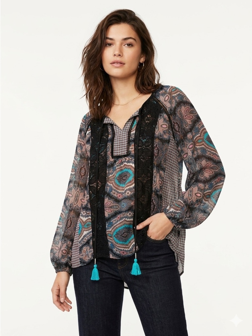 Meadow Rue Anthropologie Blouse Lace Tassel Paisley Black Blue L